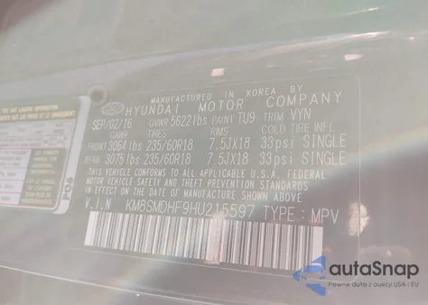 2017 Hyundai Santa Fe Se from USA, damaged, VIN KM8SMDHF9HU215597